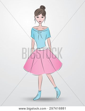 Beautiful Fashion Model, Cute Girl In Beautiful Dress, Cartoon, Sketch Drawing, For Cosmetics, Spa, 