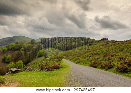 Landscape Of Pays Basque, Green Hills. French Countryside In The Pyrenees Mountains In Basque Countr