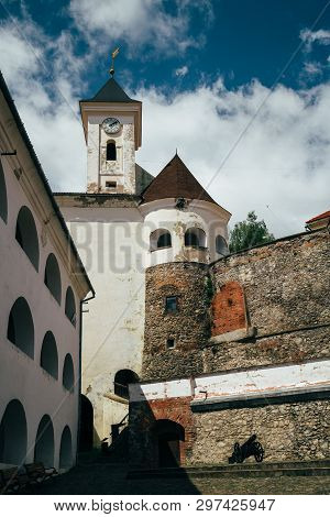 The Palanok Castle Or Mukachevo Castle, Close Up Of The Clock Tower. Mukachevo, Ukraine