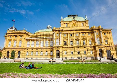Zagreb, Croatia - April, 2018: The Historical Building Of The  Croatian National Theatre In A Beauti