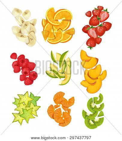 Summer Fruits Collection. Bananas, Oranges, Mango, Strawberries, Carambole, Kiwi Etc. Sliced Summer 