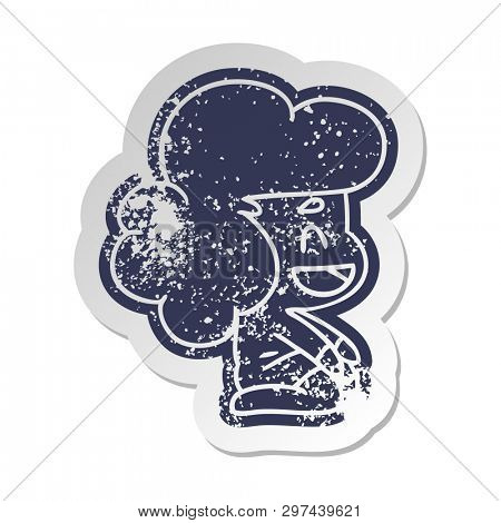 distressed old cartoon sticker of a kawaii alien girl