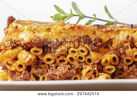 Closeup Of Greek Pastizio Noodle Dish With Cheese