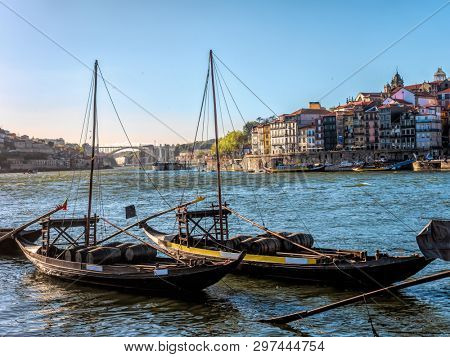 The Duoro river marina with boats against old Porto townhouses, Portugal
