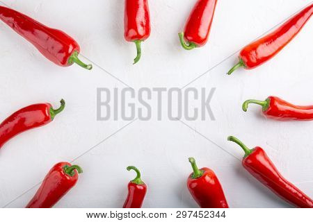 Red Pepper Frame On White Background. Top View,  Copy Space, Flat Lay, Close-up. Ramiro Pepper. Food