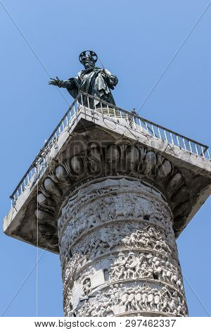 Architectural Detail From Of Ancient Marcus Aurelius Column In Front Of Palazzo Chigi In City Of Rom