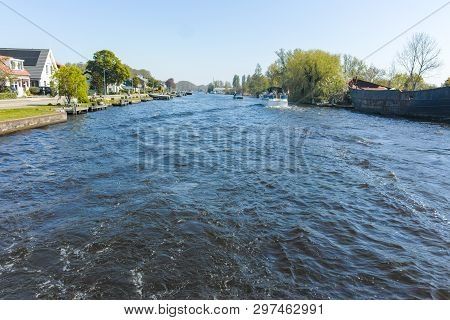 Landscape With Waterways And Canals Of North Holland With Boats, Canal-side Lifestyle In The Netherl