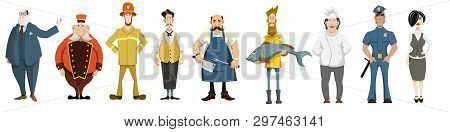 People Of Different Professions Businessman, Waiter, Fisherman, Butcher, Fireman, Policeman, Cook Ad