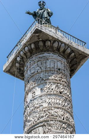 Architectural Detail From Of Ancient Marcus Aurelius Column In Front Of Palazzo Chigi In City Of Rom