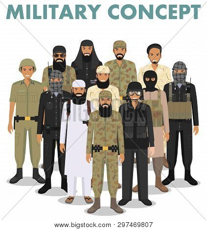 Military Concept. Set Of Different Detailed Illustration Of Arab Muslim Soldiers In Camouflage Unifo