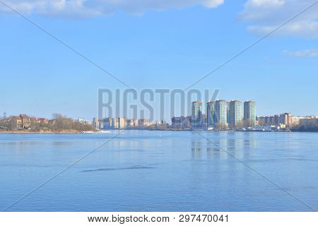 View Of Neva River And Microdistrict Ribatskoe On The Outskirts Of St. Petersburg At Sunny Spring Da