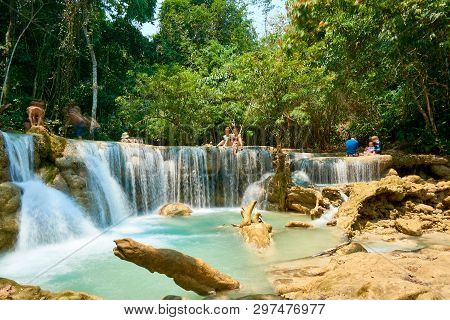 Luang Prabang. Laos. 04.20.2019. People Visit Kuangsi Waterfall.