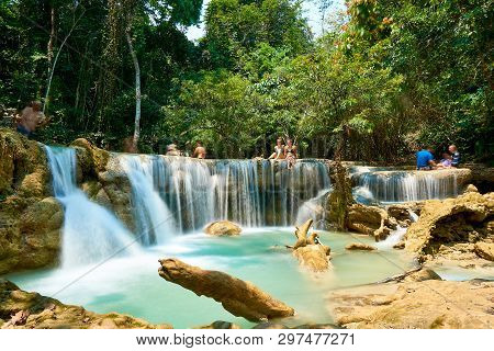 Luang Prabang. Laos. 04.20.2019. People Visit Kuangsi Waterfall.