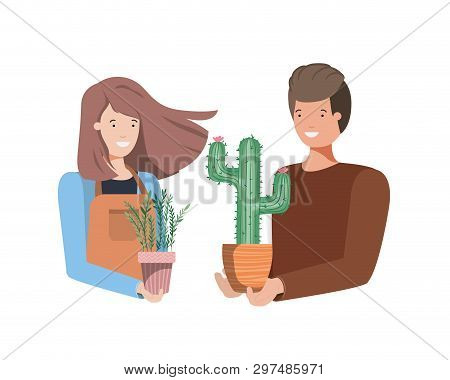 Young Couple With Houseplant Avatar Character Vector Illustration Design