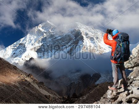Mount Makalu With Clouds And Tourist, Nepal Himalayas Mountains, Barun Valley