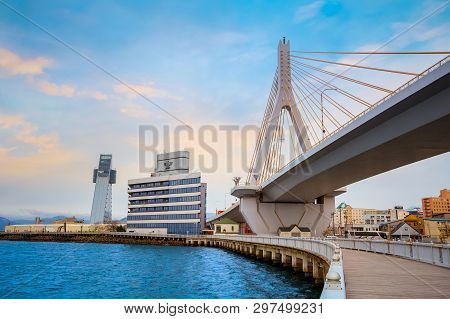 Aomori, Japan - April 23 2018: Aomori Bay Bridge Is A Cable-stayed Bridge. It Was Constructed In Ord