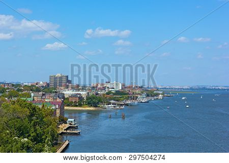 A Panoramic View On Old Town Alexandria Waterfront In Virginia, Usa. Potomac River Panorama With A V