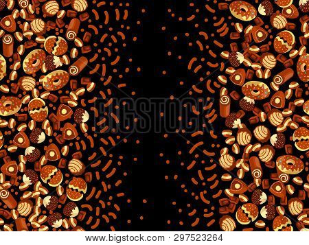 Chocolate Candy Frame Of Choco Candies On Black Background. Chocolate Candy Banner, Top View, Flat L