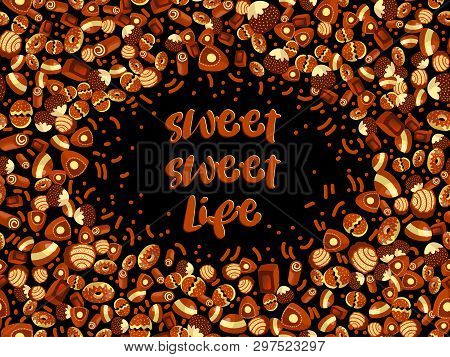 Chocolate Candy Frame Of Choco Candies On Black Background. Chocolate Candy Banner, Top View, Flat L