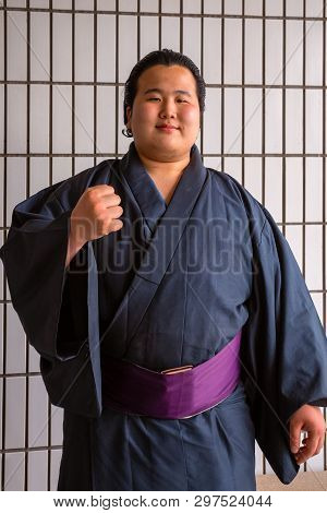 Tokyo, Japan - April 25 2018: Young Japanese Sumo Wrestler At Ryogoku Kokugikan (ryogoku Sumo Hall)