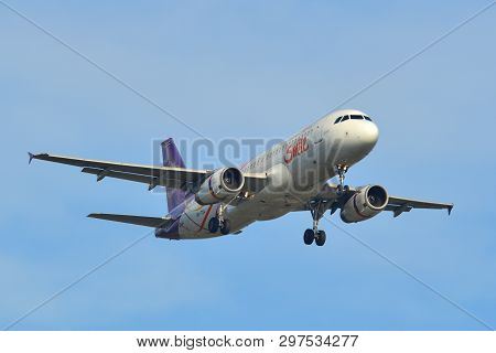 Phuket, Thailand - Apr 4, 2019. An Airbus A320 Airplane Of Thai Smile (hs-txa) Landing At Phuket Air