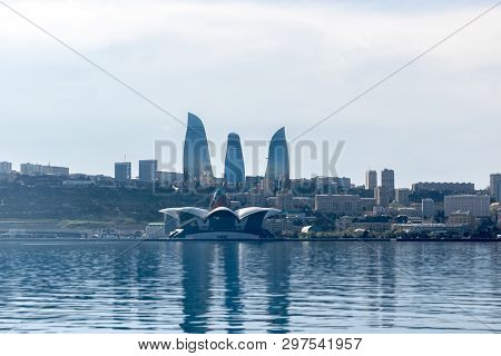 Baku, Azerbaijan - April 13, 2019: Baku Flame Towers Is The Tallest Skyscraper In Baku, Azerbaijan