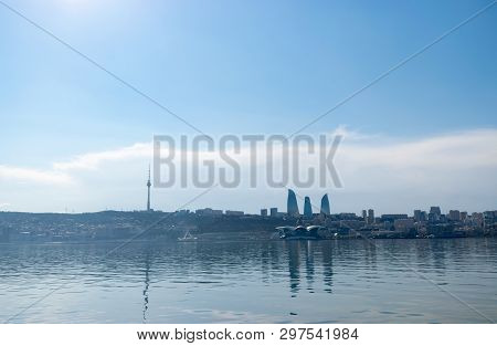 Baku, Azerbaijan - April 13, 2019: Baku Flame Towers Is The Tallest Skyscraper In Baku, Azerbaijan