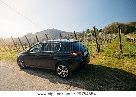Ribeauville, France - Apr 19, 2019: Rear View Of New Peugeot 306 Car Parked In The French Vineyards 