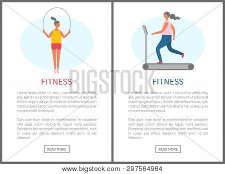 Fitness Webpage Decorated By Girl With Jump Rope, And Running Woman On Treadmill, Cardio Training, S