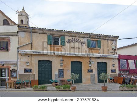 Ses Salines, Mallorca, Spain - April 15, 2019: Cozy Bar And Restaurant Cassai Exterior Street View A