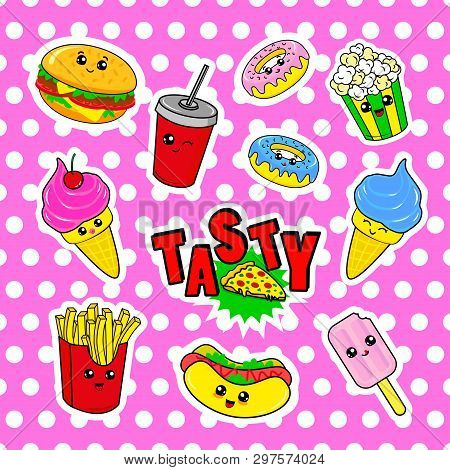 Fashion Patch Badges With Drink, Fast Food, Donuts, Ice Cream, Burger And Other. Very Large Set Of G