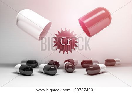Mineral Chromium Supplements. Large Medical Capsule With Cr Letters And Many Small Pills. 3d Illustr