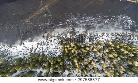Aerial View Of The Great Lake During Spring Day With Snow