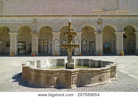 Gorgeous Cloister Of La Compania De Jesus Church In Arequipa, Historical Site In Peru, 3rd May 2018