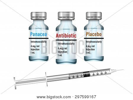 Set Of Medical Transparent Glass Vials Placebo, Antibiotic And Panacea, Disposable Syringe Isolated 