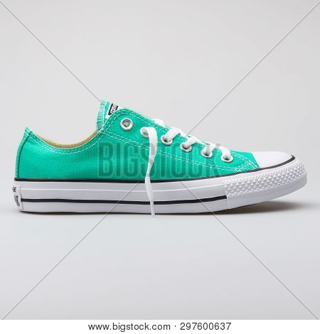 Vienna, Austria - August 7, 2017: Converse Chuck Taylor All Star Ox Menta Green Sneaker On White Bac