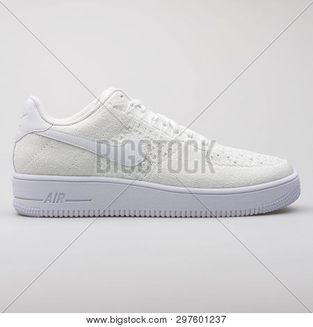 Vienna, Austria - August 7, 2017: Nike Air Force Ultra Flyknit Low White Sneaker On White Background