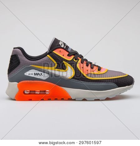 Vienna, Austria - August 7, 2017: Nike Air Max 90 Ultra 2.0 Si Black, Grey And Orange Sneaker On Whi