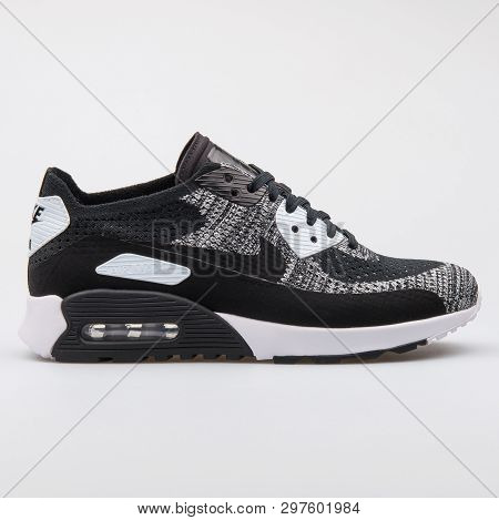 Vienna, Austria - August 7, 2017: Nike Air Max 90 Ultra 2.0 Flyknit Black And White Sneaker On White