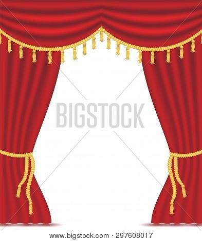Red Curtains With Drapery, Vector Illustration Isolated On White Background. Place For Text. Design 