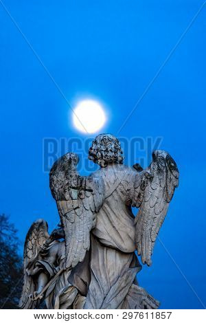 Moon Bernini Angel Castel Ponte Sant Angelo Rome Italy. Gian Lorenzo Bernini Famous Italian Sculptor