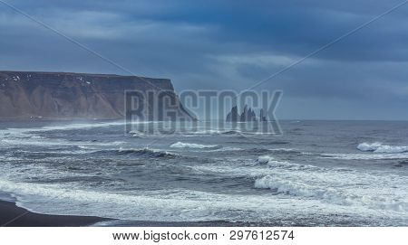 Reynisfjara, Cliffs Of Vik, Iceland - February 22, 2011: Sea And Shore Near The Reynisfjara Beach In
