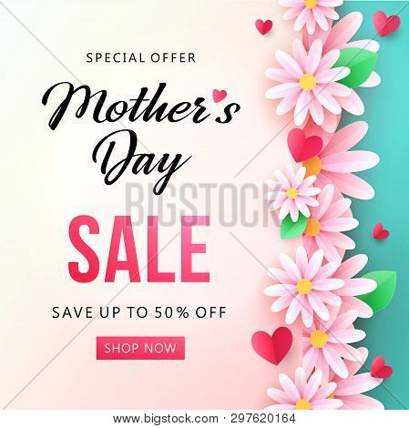 Нappy Mothers Day Sale Background With Beautiful Chamomile Flowers. Paper Cut Style. Spring Holiday 