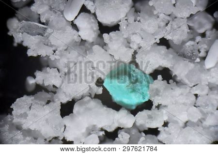 Microscopic Photography Of Washing Powder. Scientific Microscopic Image.