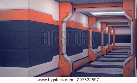 Sci-fi hangar. White futuristic panels with orange accents. Spaceship corridor with light. 3d Illust