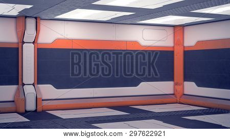 Sci-fi Hangar. White Futuristic Panels With Orange Accents. Spaceship Corridor With Light. 3d Illust