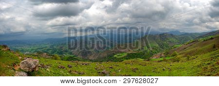 Landscape Of Pays Basque, Green Hills. French Countryside In The Pyrenees Mountains In Basque Countr