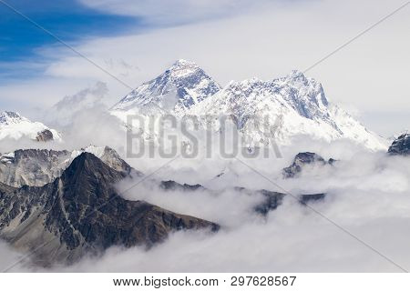 Scenic View Of Mount Everest 8,848 M And Lhotse 8,516 M At Renjo La Pass During Everest Base Camp Tr