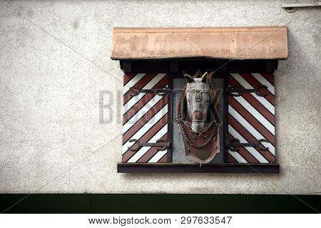A Horse Head Sculpture At The Disused Brewery Building Of The Henninger Brewery In Frankfurt.