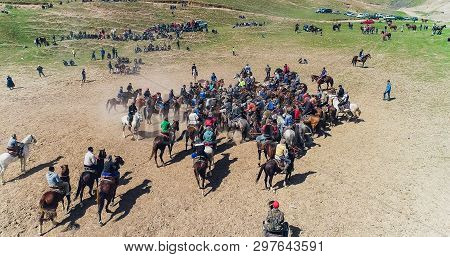 Herd Of Horses View From Drone Frightened Horse Stands On Its Legs During Traditional Game At Karako